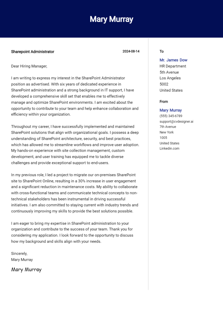 Sharepoint Administrator Cover Letter Example for 2025: Free Templates