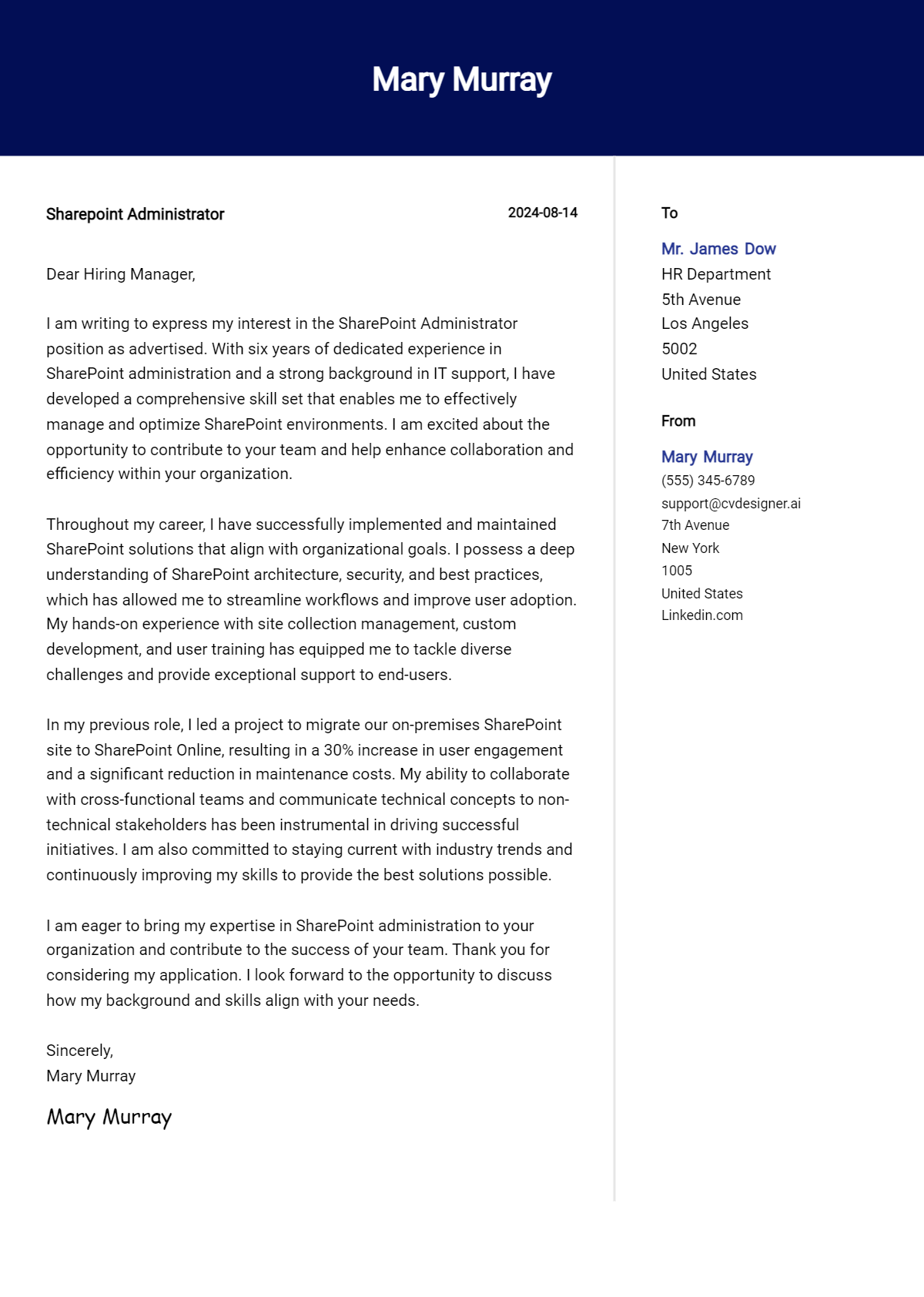 sharepoint administrator cover letter example