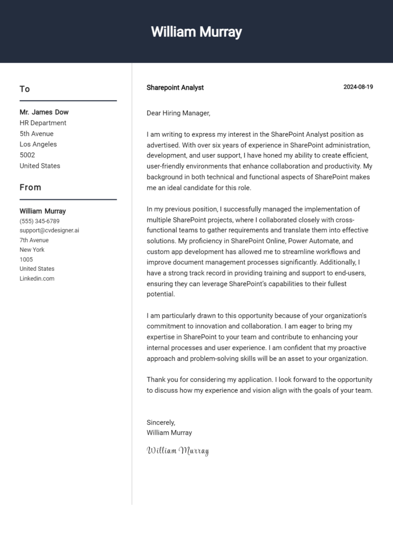 Sharepoint Analyst Cover Letter Example for 2025: Tips & Templates