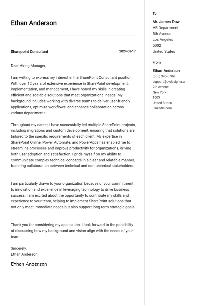 sharepoint consultant cover letter example