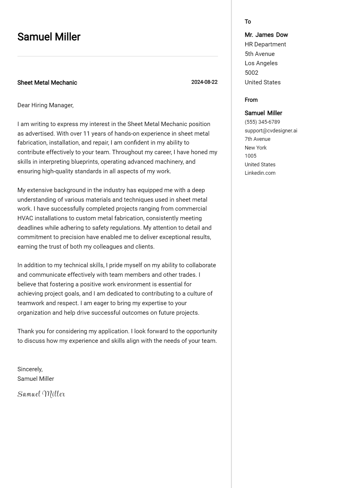sheet metal mechanic cover letter example