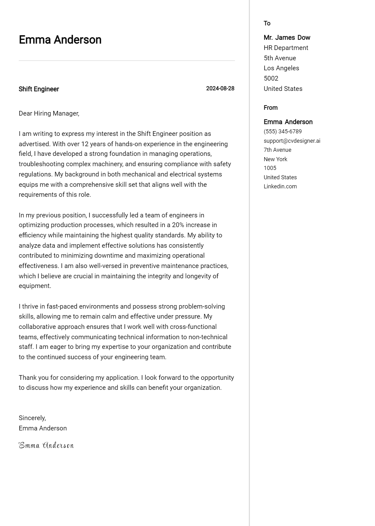 shift engineer cover letter example