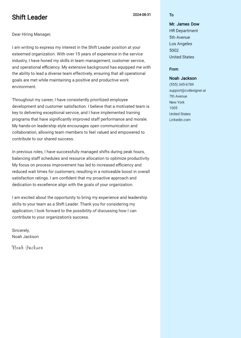 Shift Leader Cover Letter Example for 2025 (Writing Guide)