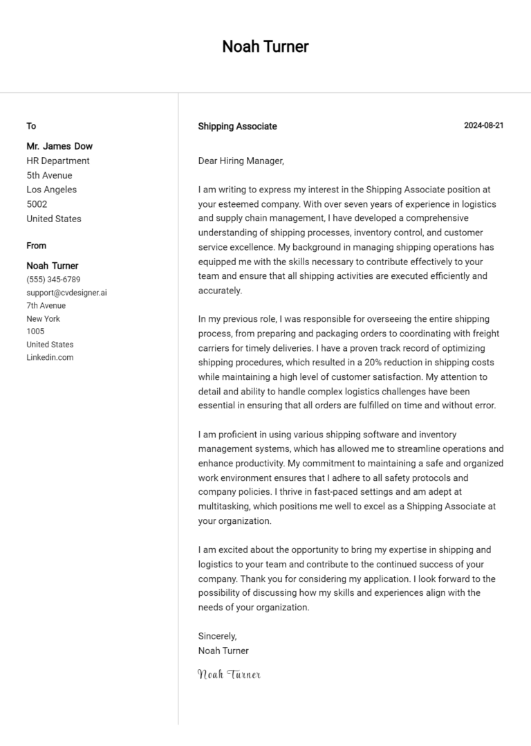 Shipping Associate Cover Letter Example for 2025 (Complete Writing Guide)