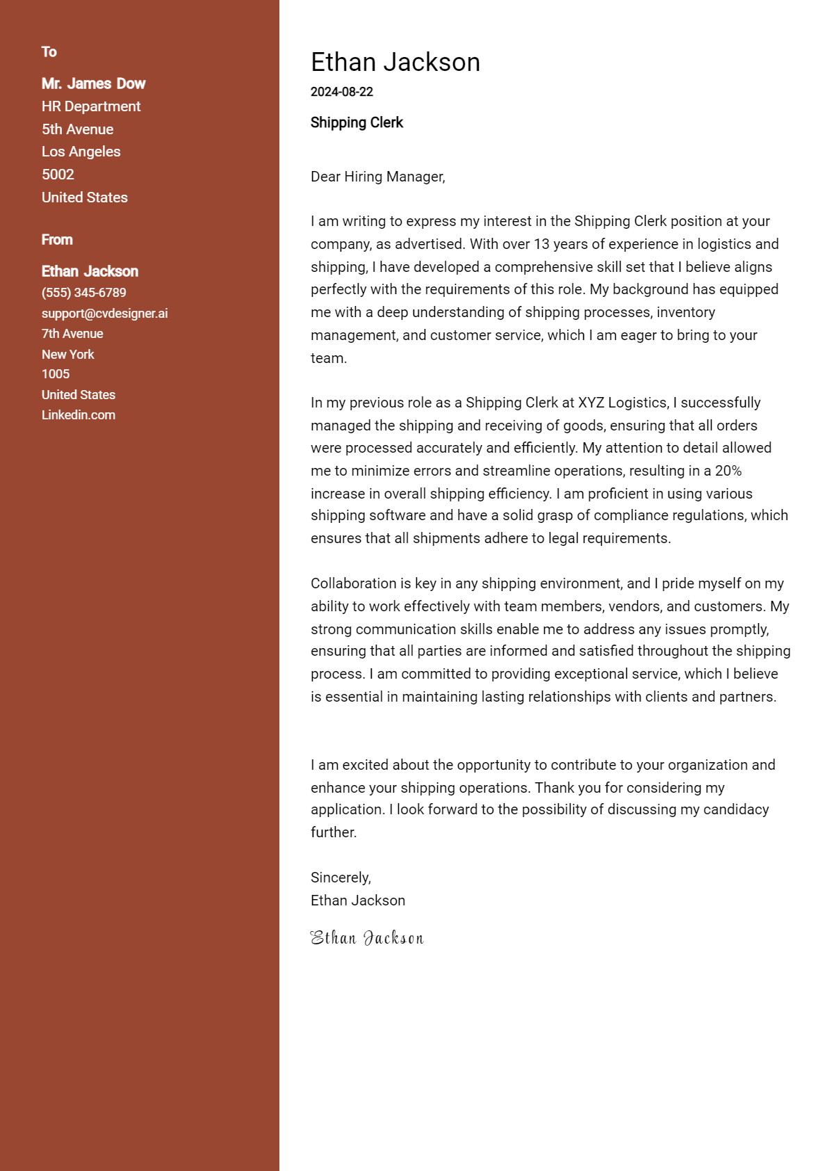 shipping clerk cover letter example