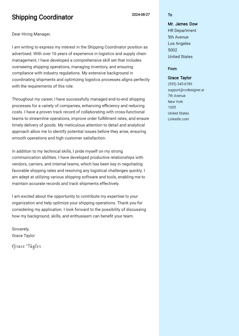 Shipping Coordinator Cover Letter Example for 2025: Tips & Templates