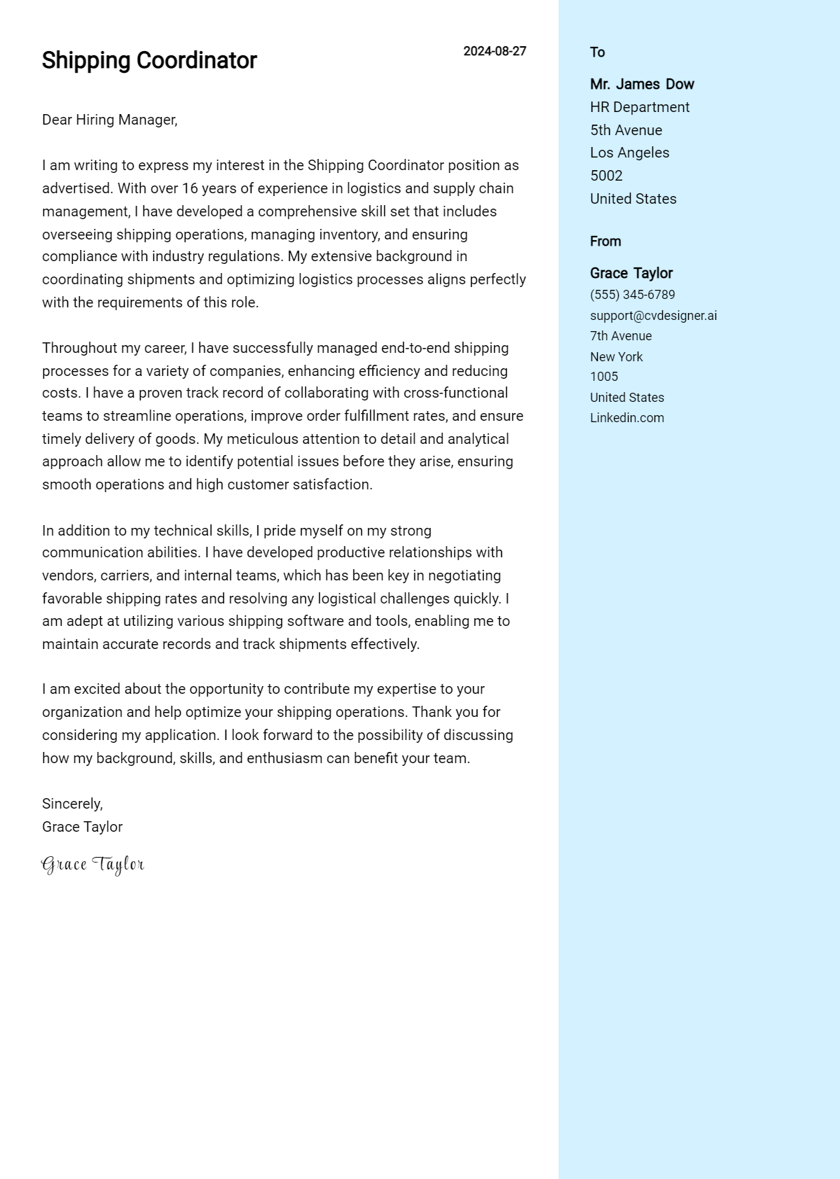 shipping coordinator cover letter example