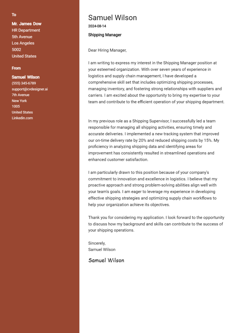 Shipping Manager Cover Letter Example for 2025 (Free Templates)