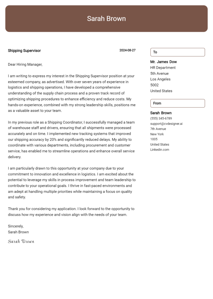 shipping supervisor cover letter example