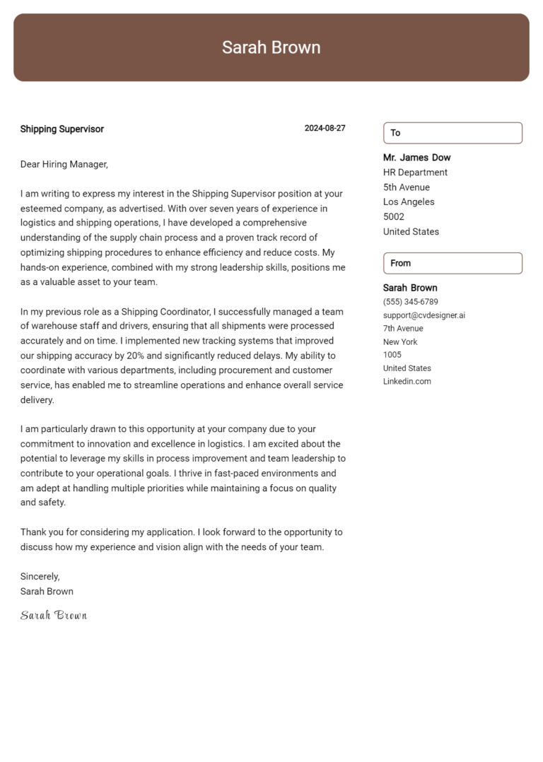 16 Shipping Supervisor Cover Letter Examples for 2025 (Downloadable) 1 16 Shipping Supervisor Cover Letter Examples for 2025 (Downloadable)