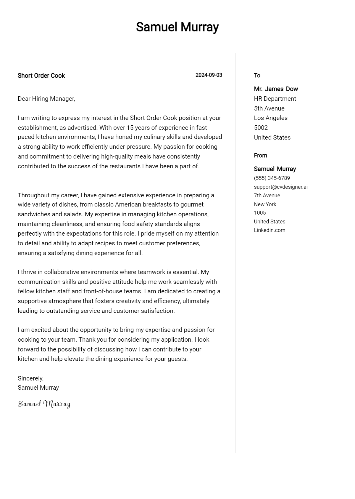 short order cook cover letter example