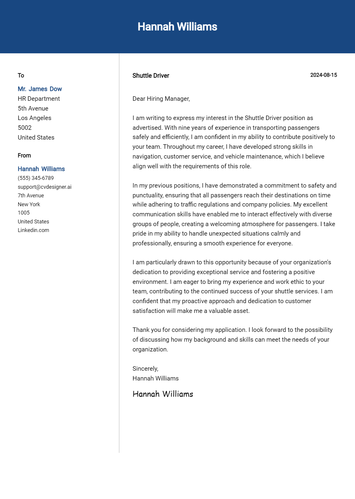 shuttle driver cover letter example