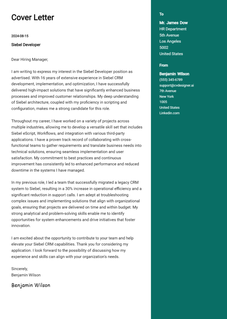 Siebel Developer Cover Letter Examples & Samples for 2025