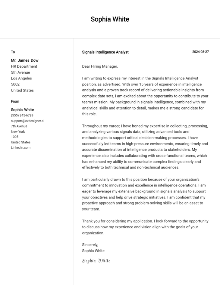 signals intelligence analyst cover letter example