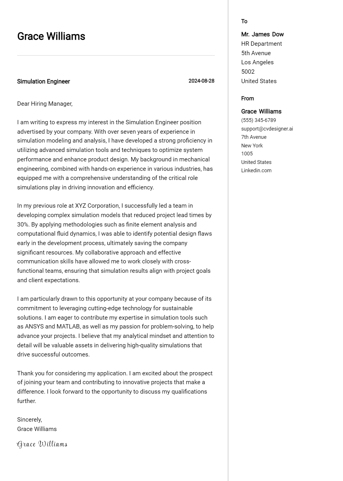 simulation engineer cover letter example