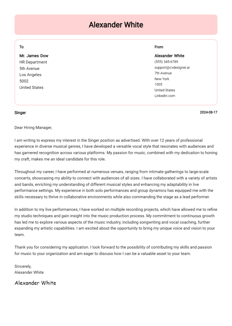 Singer Cover Letter Examples & Samples for 2025