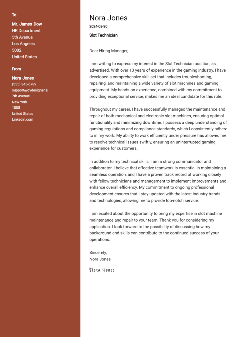 Slot Technician Cover Letter Example for 2025: Ultimate Guide