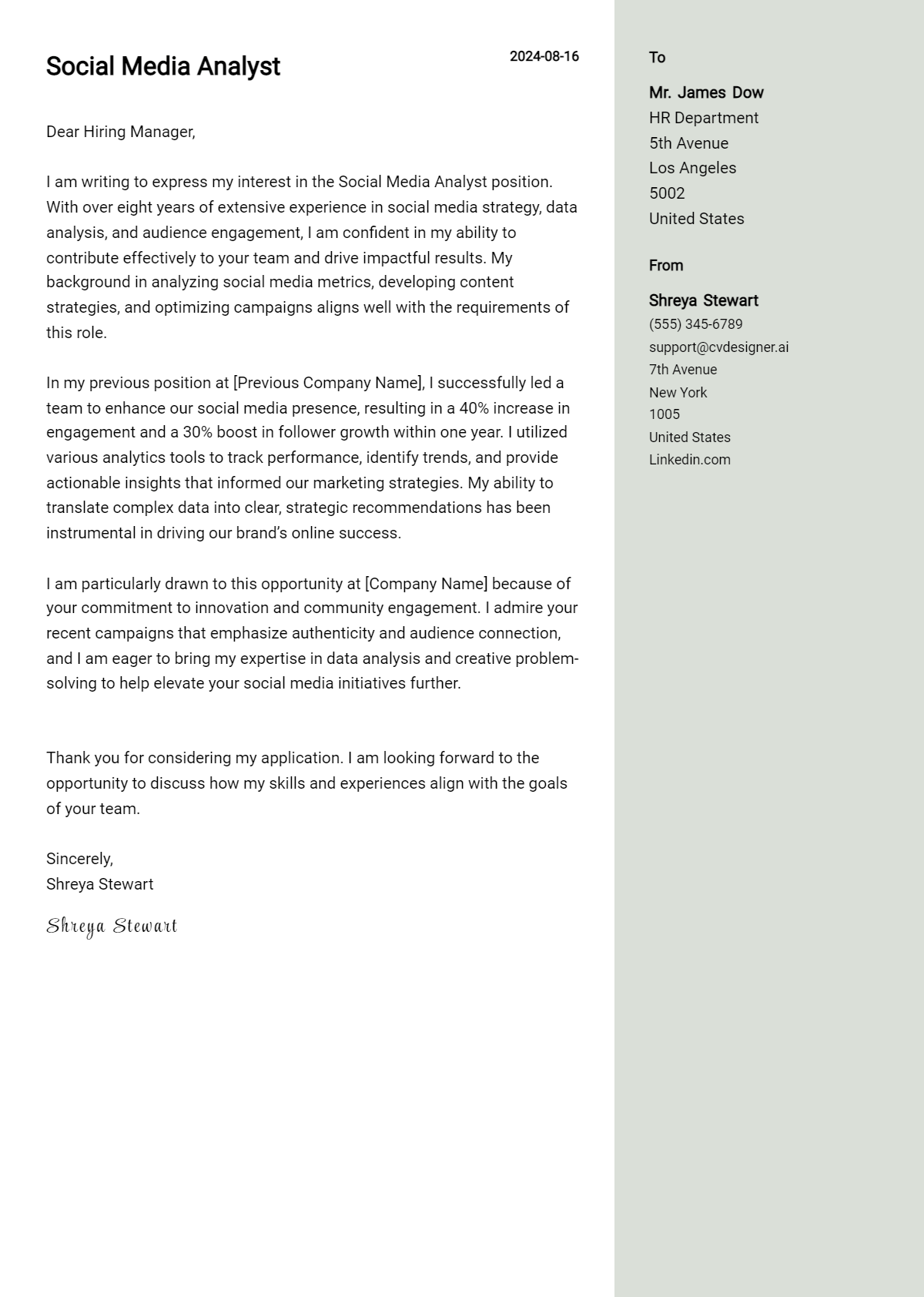 social media analyst cover letter example