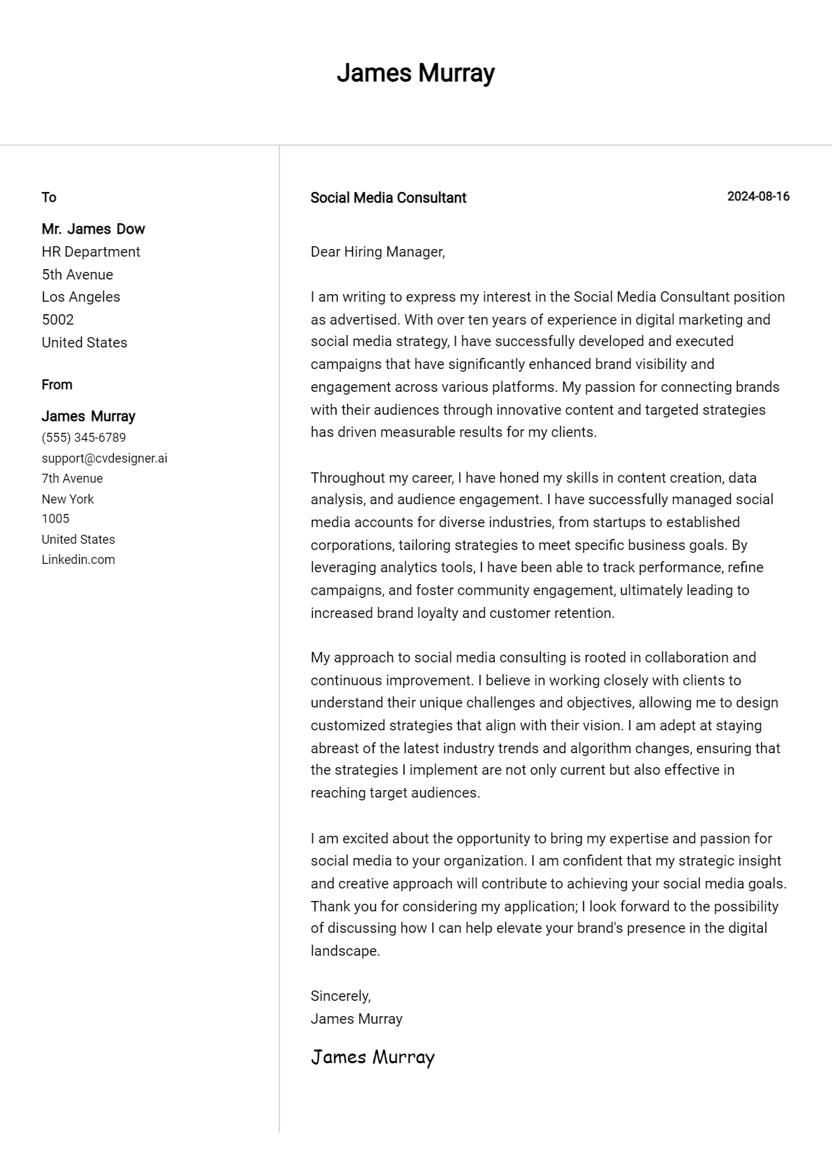 social media consultant cover letter example