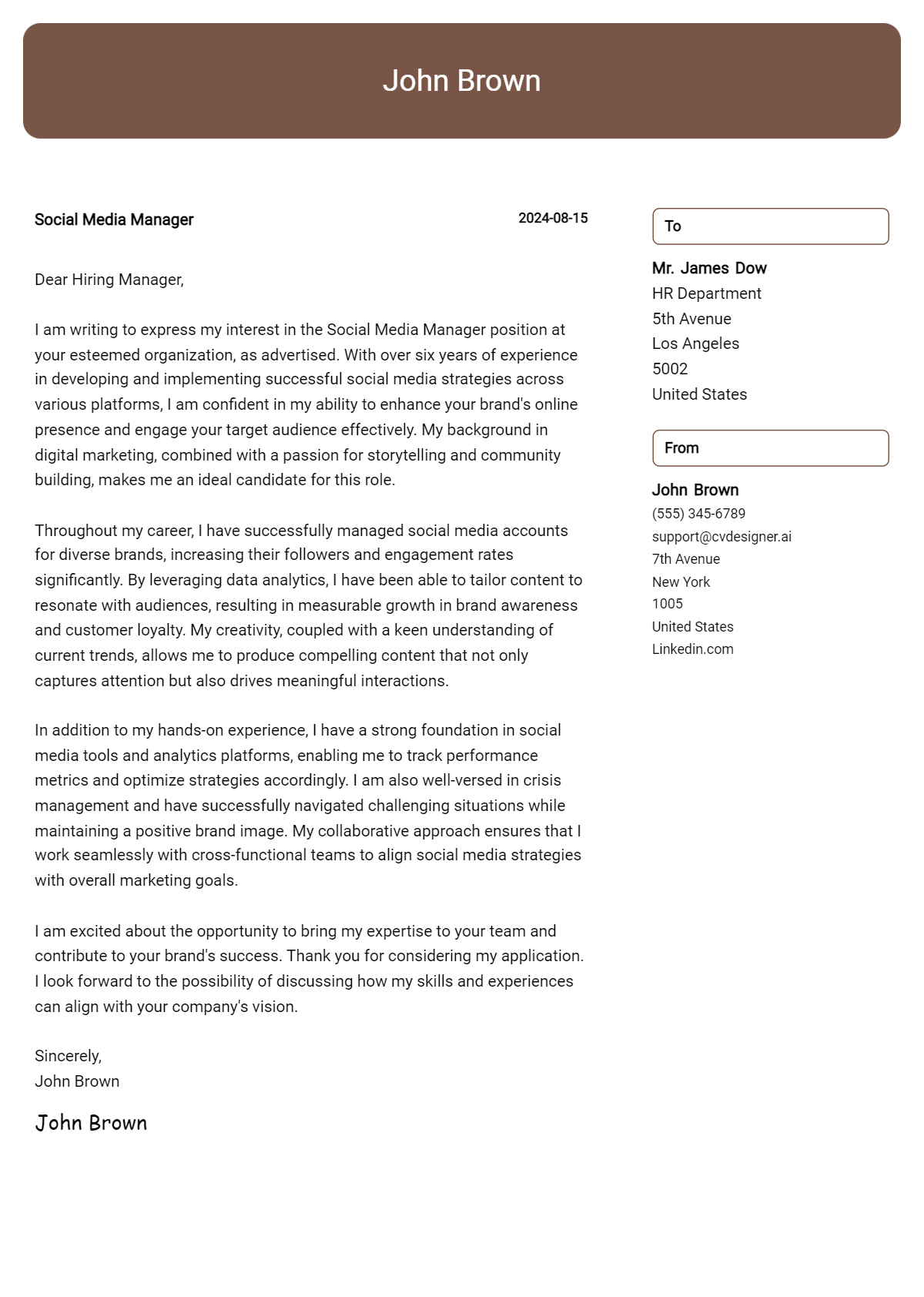 social media manager cover letter example
