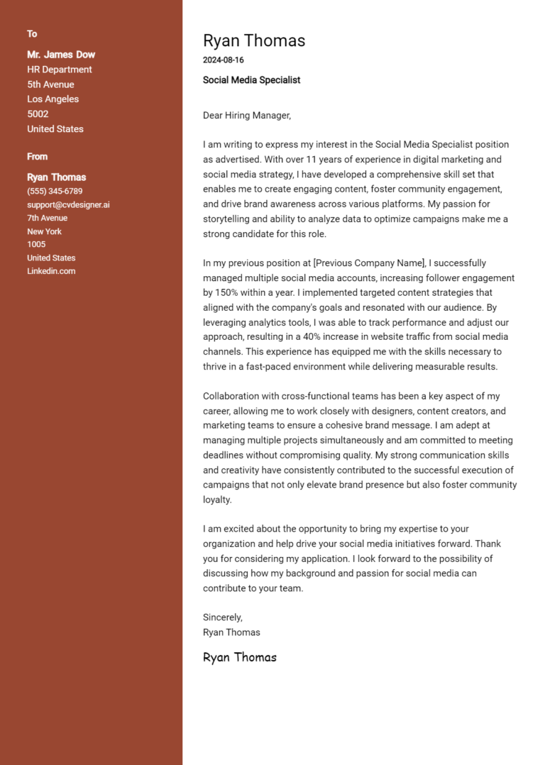 Social Media Specialist Cover Letter Example for 2025: Expert Tips & Templates