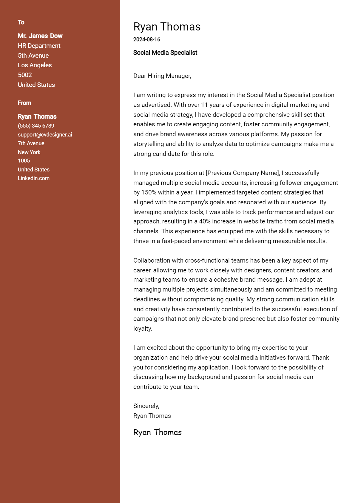 social media specialist cover letter example