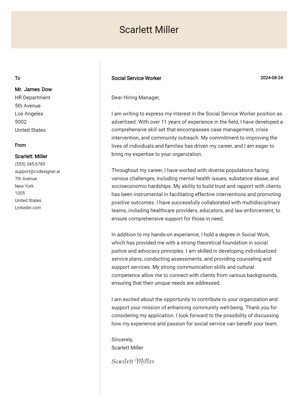 social service worker cover letter example