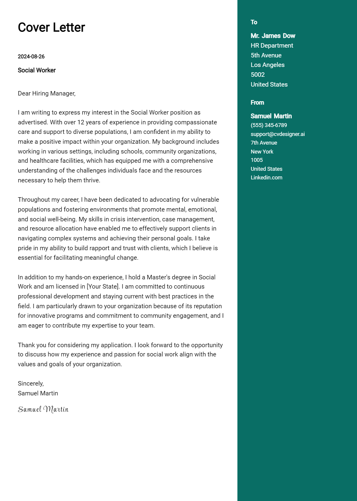 social worker cover letter example