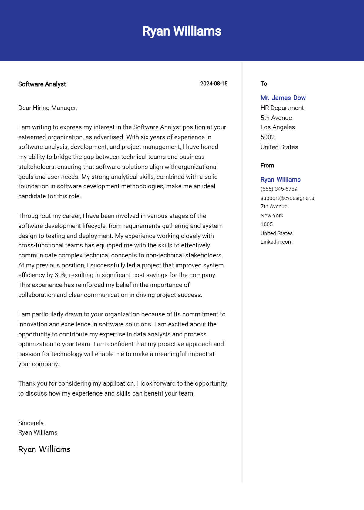 software analyst cover letter example