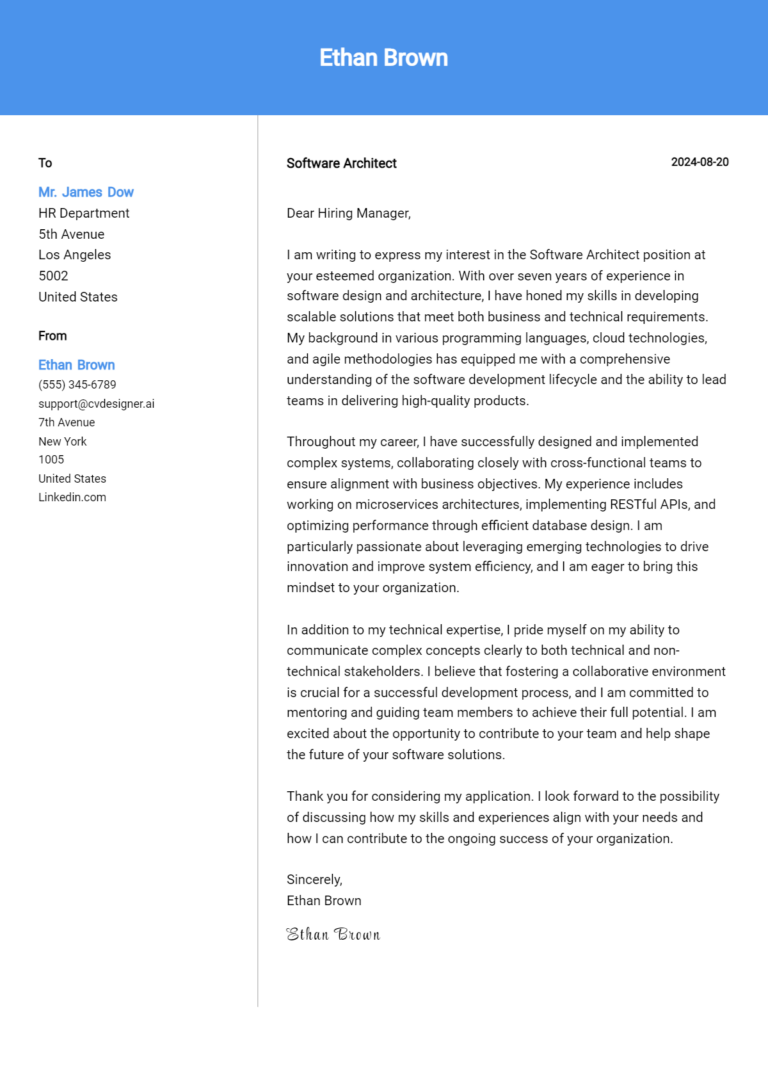 Software Architect Cover Letter Example for 2025: Top CV Skills