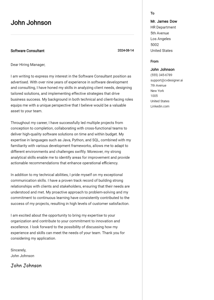 software consultant cover letter example