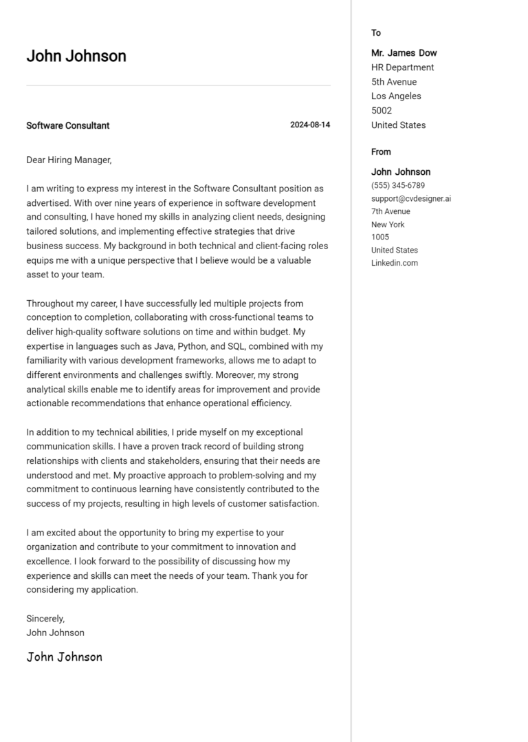Software Consultant Cover Letter Example for 2025 (Writing Guide) 1 Software Consultant Cover Letter Example for 2025 (Writing Guide)