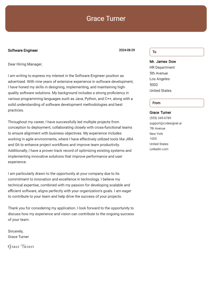 software engineer cover letter example