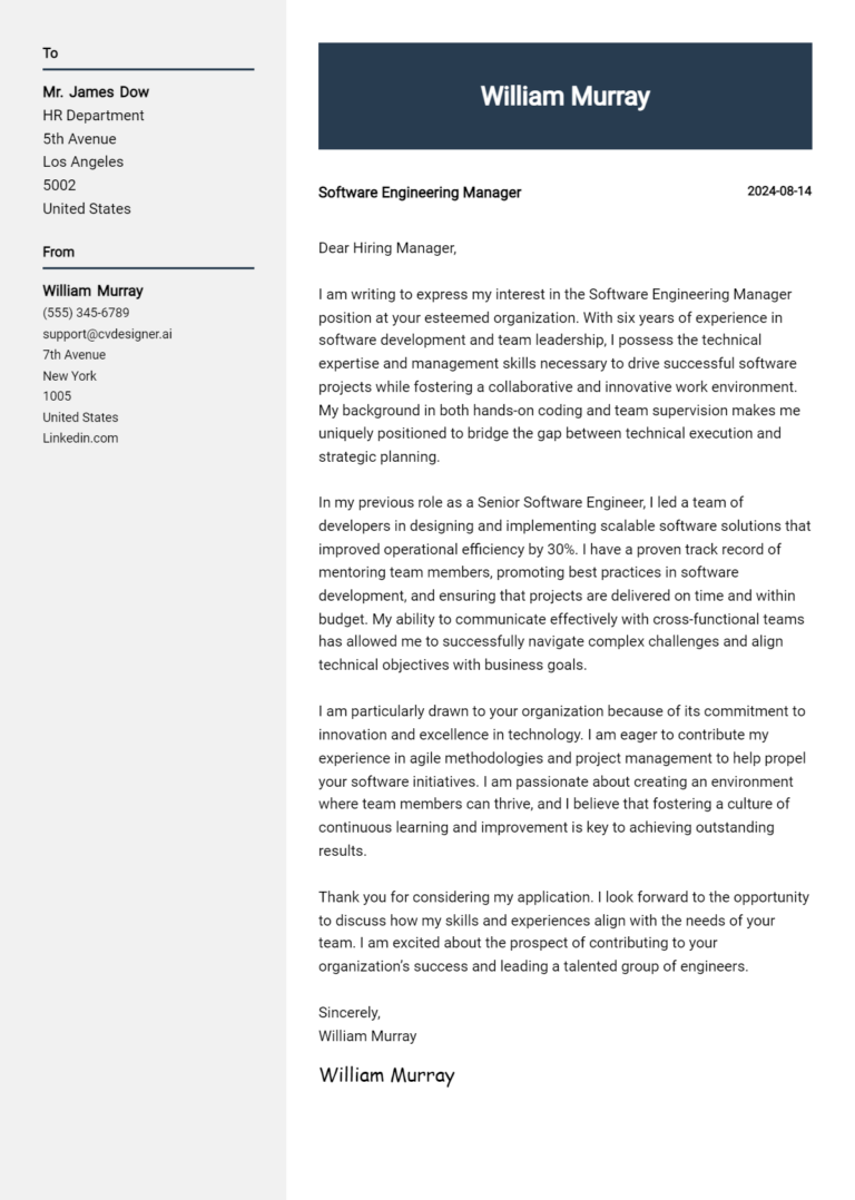 Software Engineering Manager Cover Letter Samples & Examples 2025