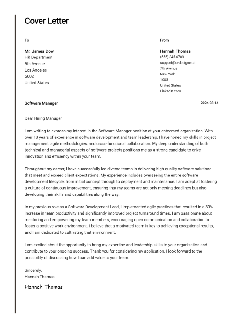 Software Manager Cover Letter Example for 2025: Top CV Skills