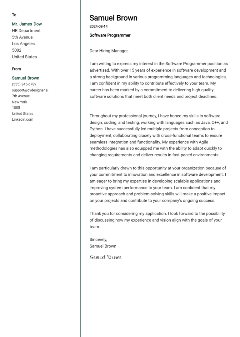 Software Programmer Cover Letter Examples and Templates for 2025