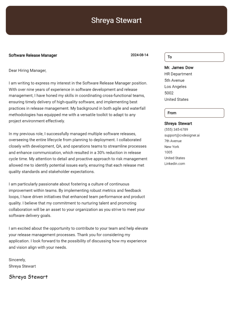 Software Release Manager Cover Letter Example for 2025: Proven Tips