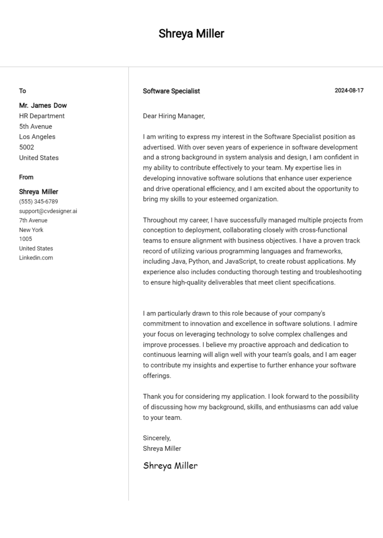 18 Software Specialist Cover Letter Examples for 2025 (Writing Guide)