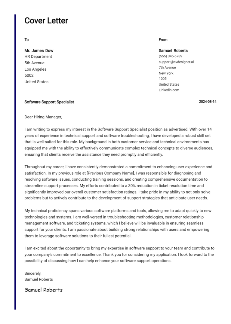 Software Support Specialist Cover Letter Example for 2025 (Writing Guide)