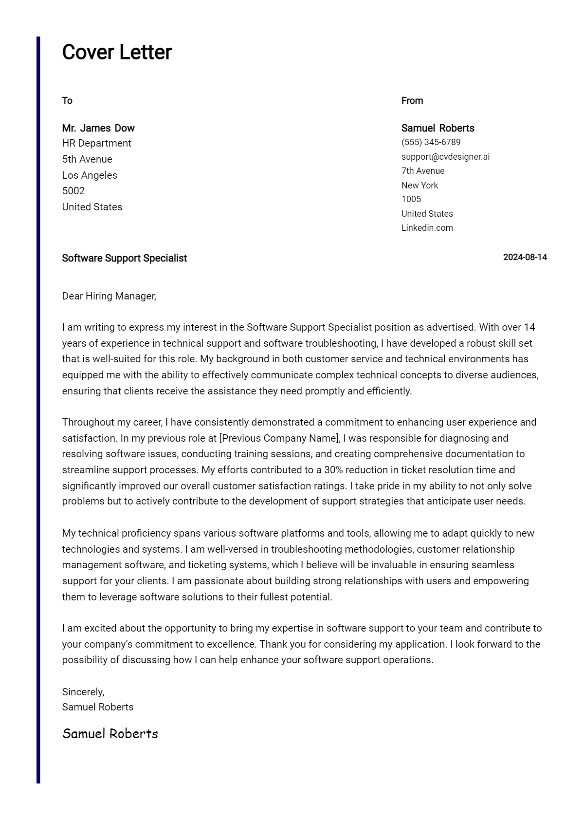 software support specialist cover letter example
