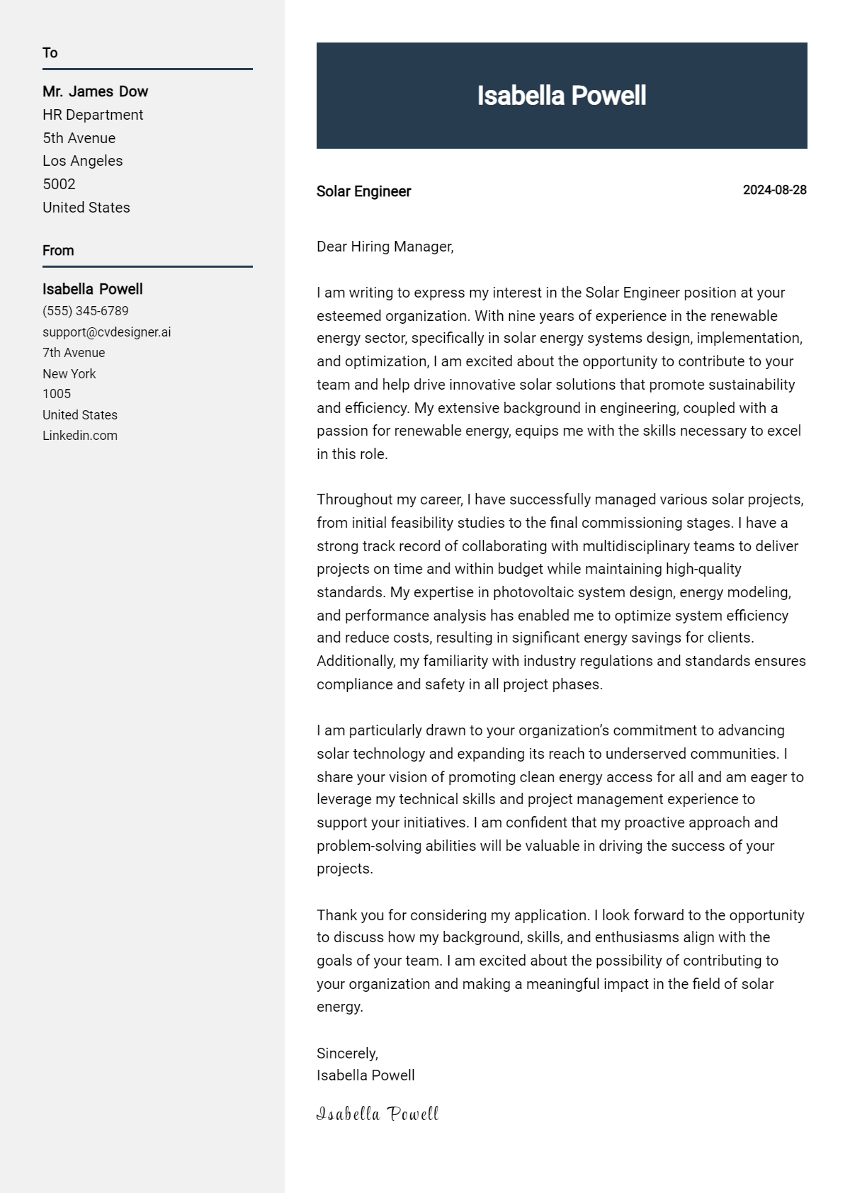 solar engineer cover letter example