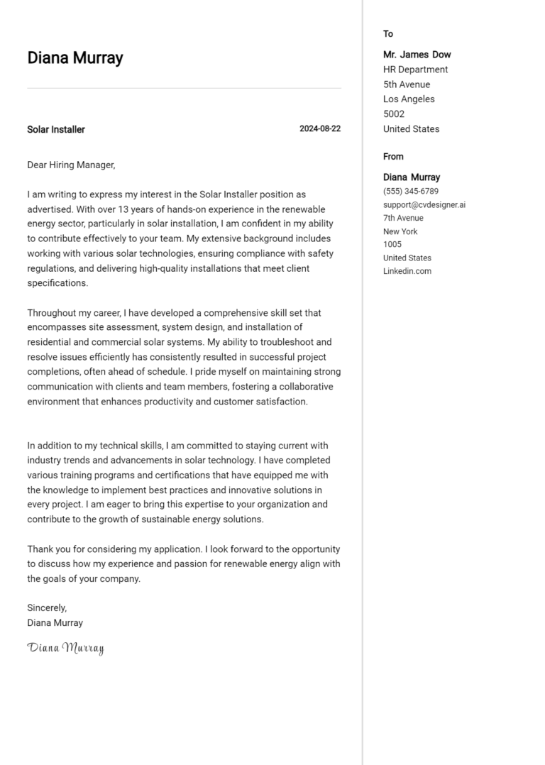 Solar Installer Cover Letter Examples with Writing Tips for 2025