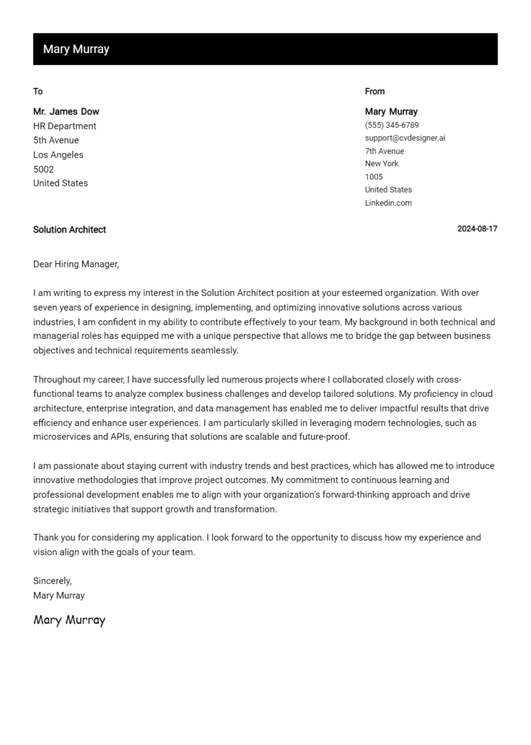Solution Architect Cover Letter Example for 2025 (Complete Writing Guide)
