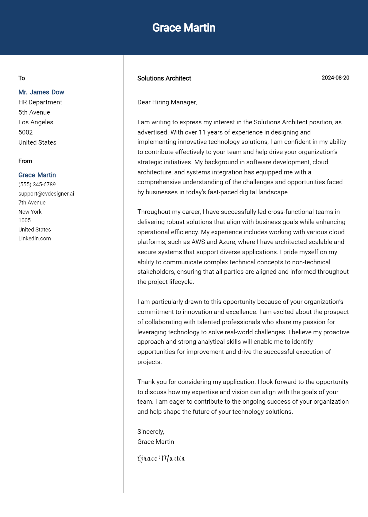 solutions architect cover letter example