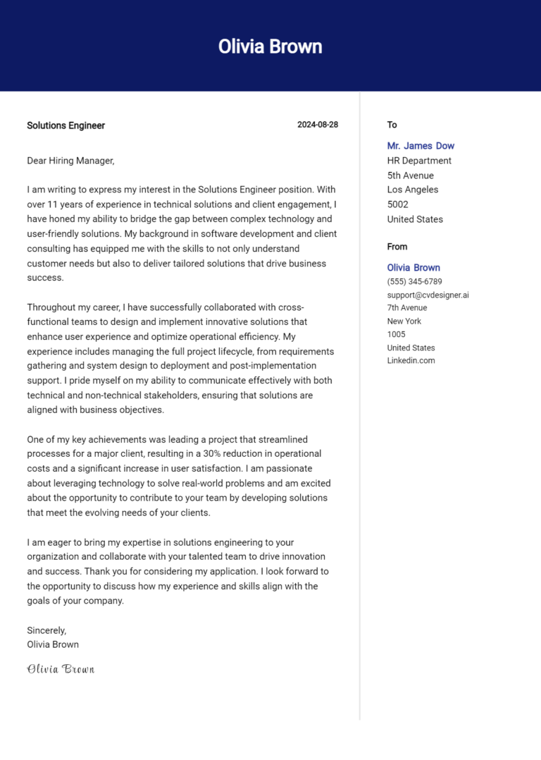 Solutions Engineer Cover Letter Example for 2025 (Complete Writing Guide)