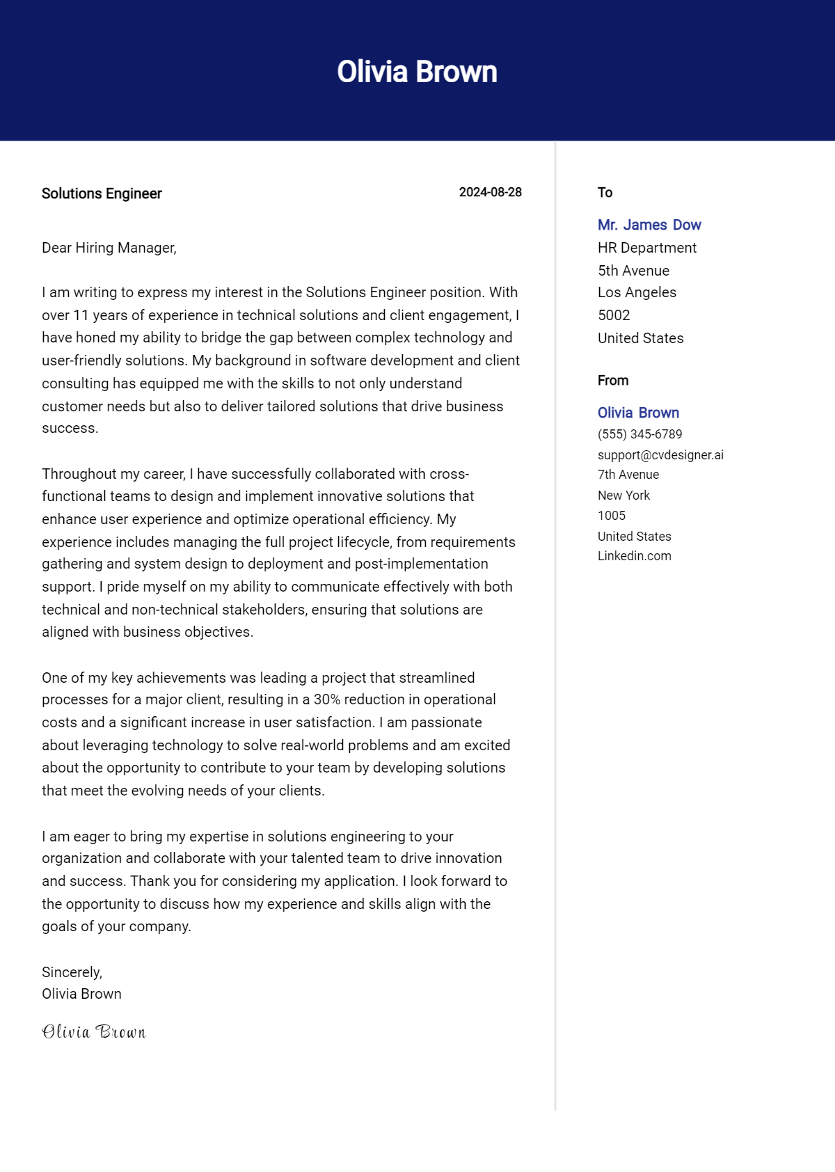 solutions engineer cover letter example