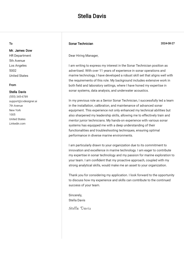 Sonar Technician Cover Letter Example for 2025 (Free Templates)