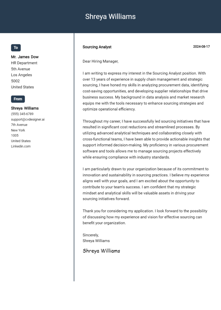 Sourcing Analyst Cover Letter Samples & Examples 2025