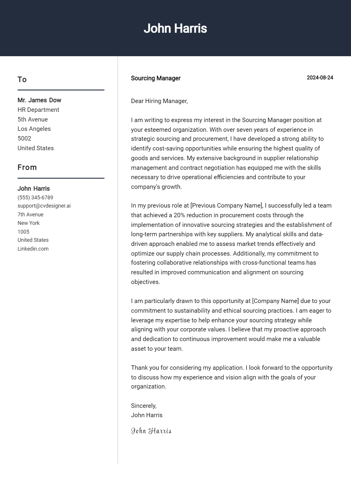 sourcing manager cover letter example