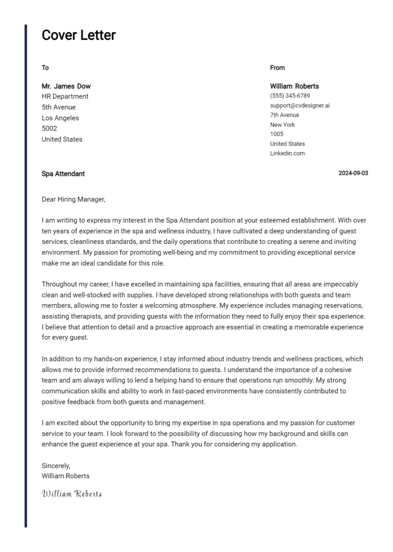 Spa Attendant Cover Letter Example for 2025: Expert Tips & Templates